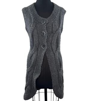 VTG Berretti Italy Gray Long Sweater Vest Wool Cable Chunky Knit Button Small S